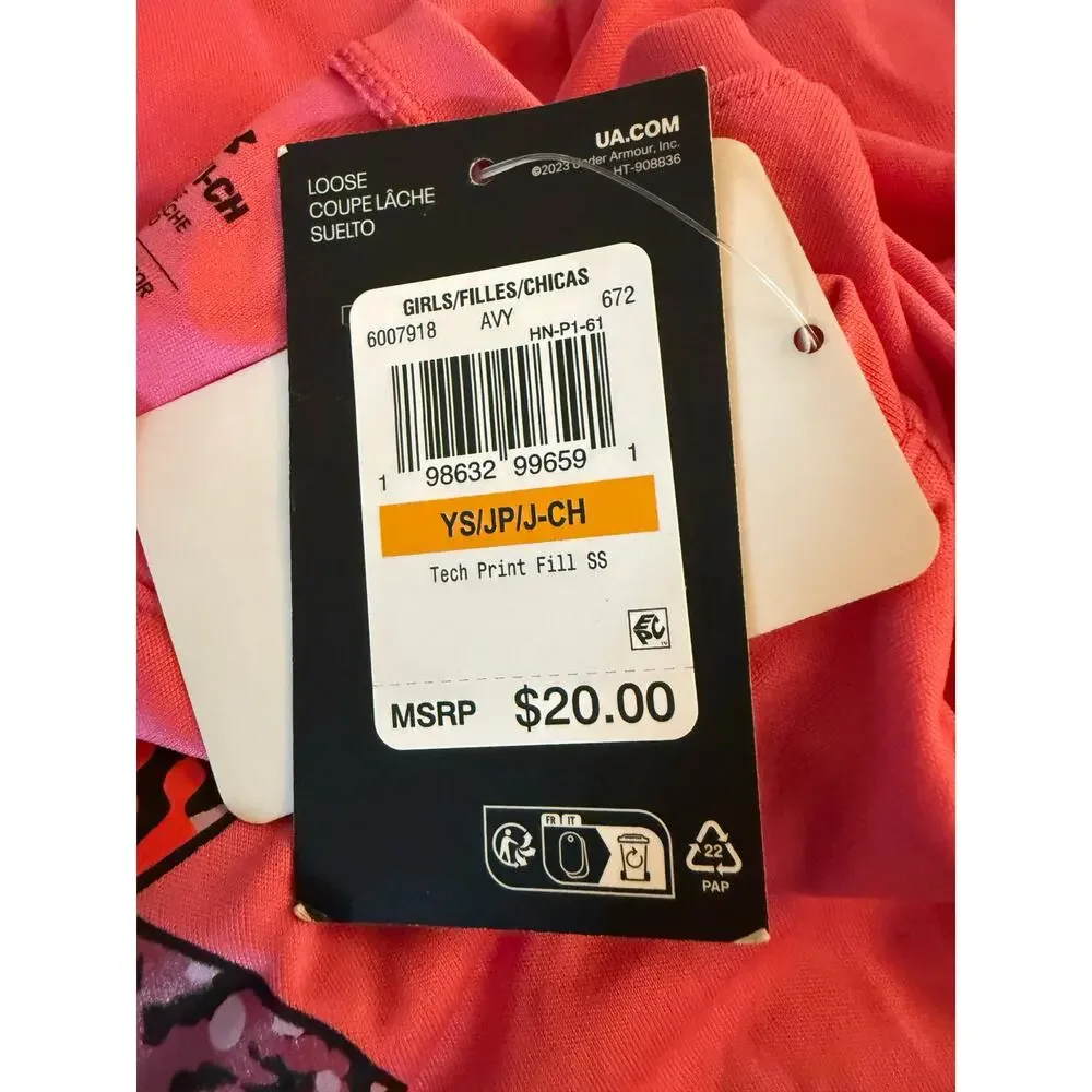 NWT Under Armour Girls Pink Graphic Logo Short Sleeve T-Shirt Youth Size Small